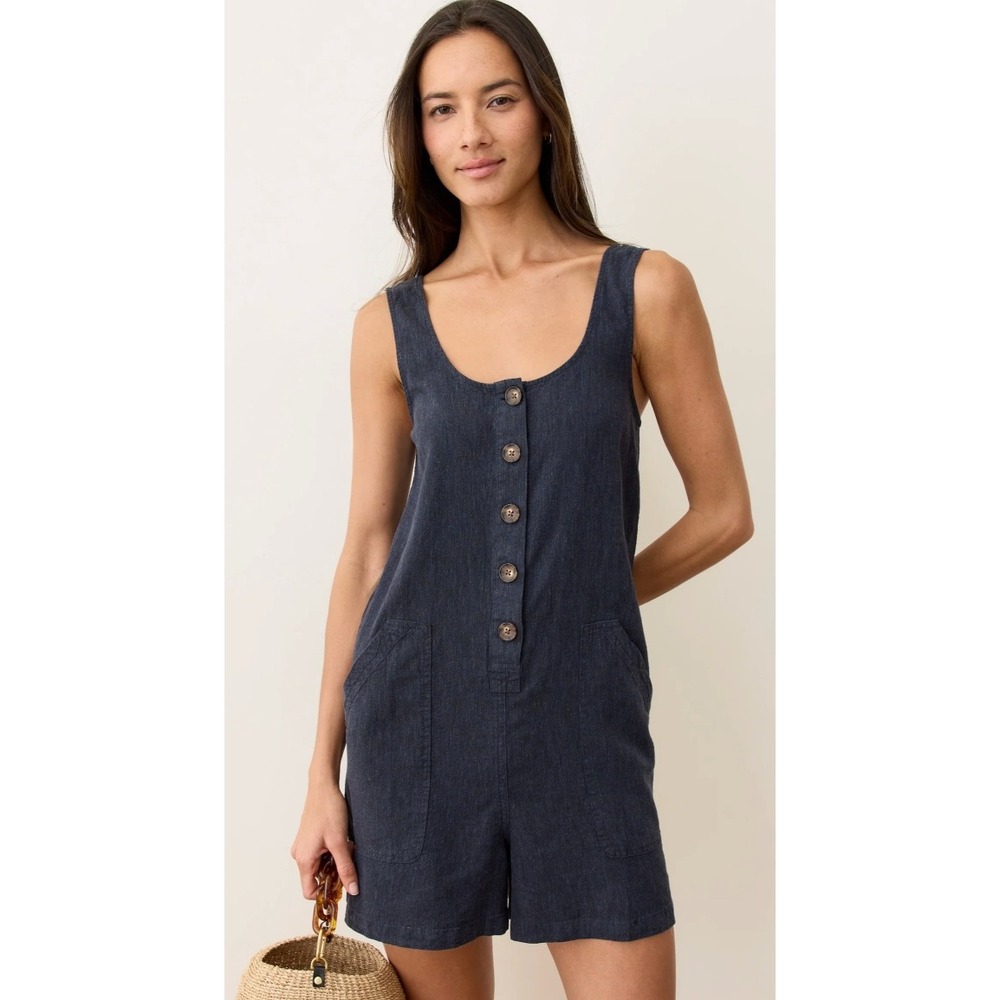 Marine Layer Sydney Romper India Ink Navy Linen Blend Button Front Pocket M NWT